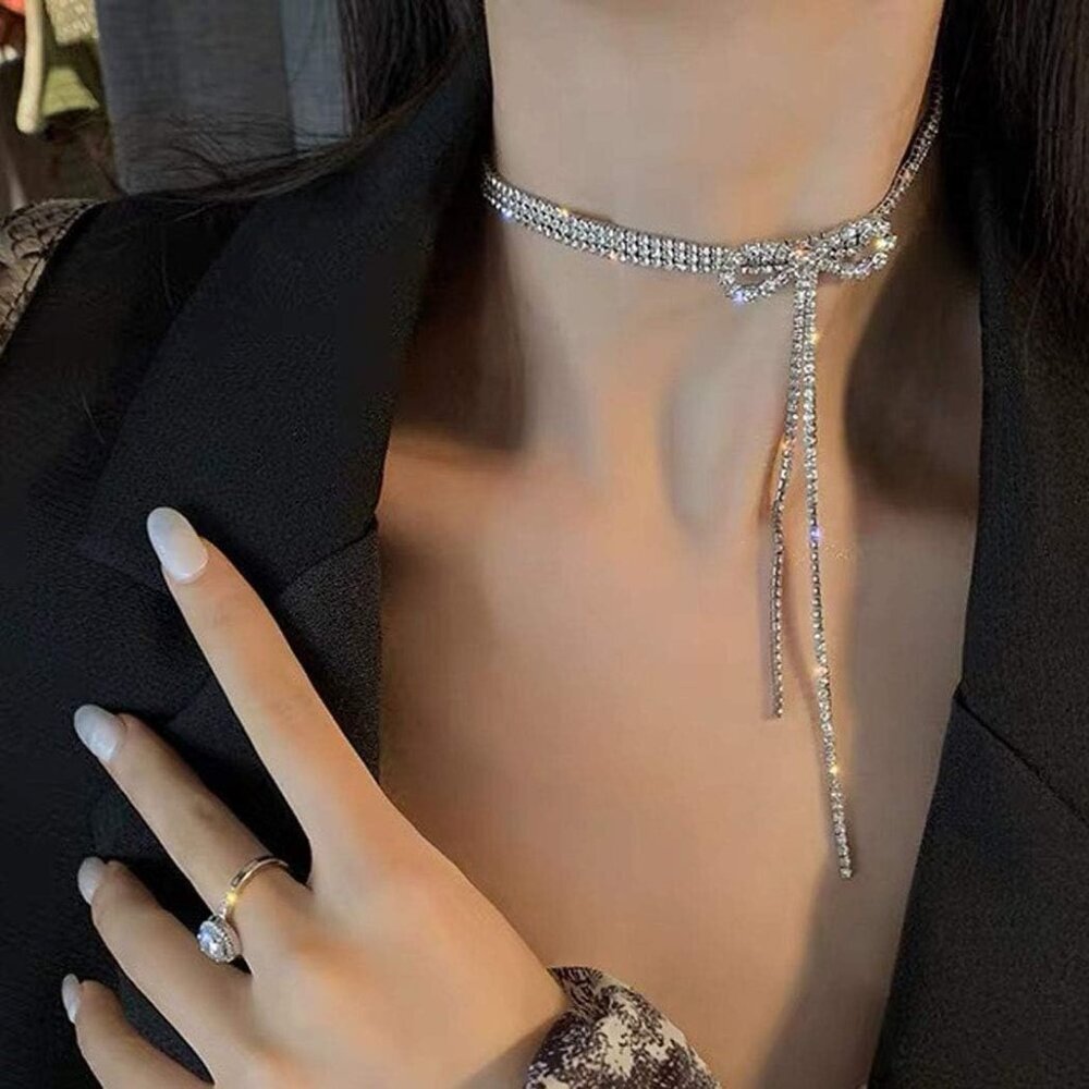 Rhinestone Bow Necklace Crystal Bowknot Pendant Choker Dainty Tennis Chain Night